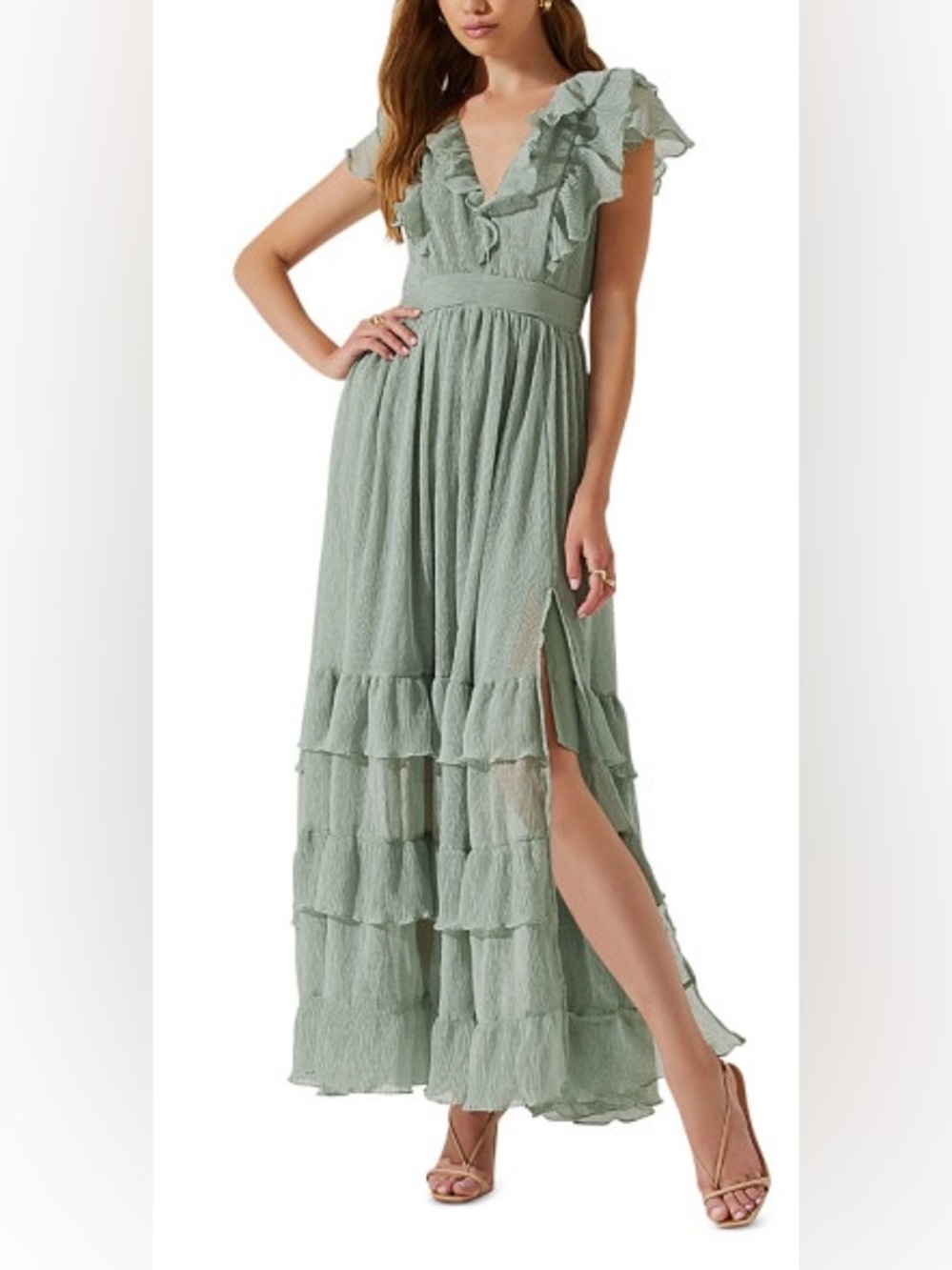 ASTR The Label Tiara Ruffle Maxi Dress Sage Green Size Small NWT